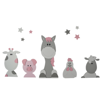 Boerderijdieren (5st.) koe-varken-paard-kip-schaap  - eigen kleur (100x50cm) - sterren optioneel